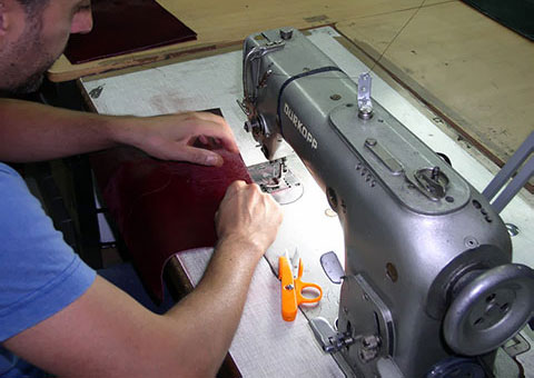Working on a leather rug