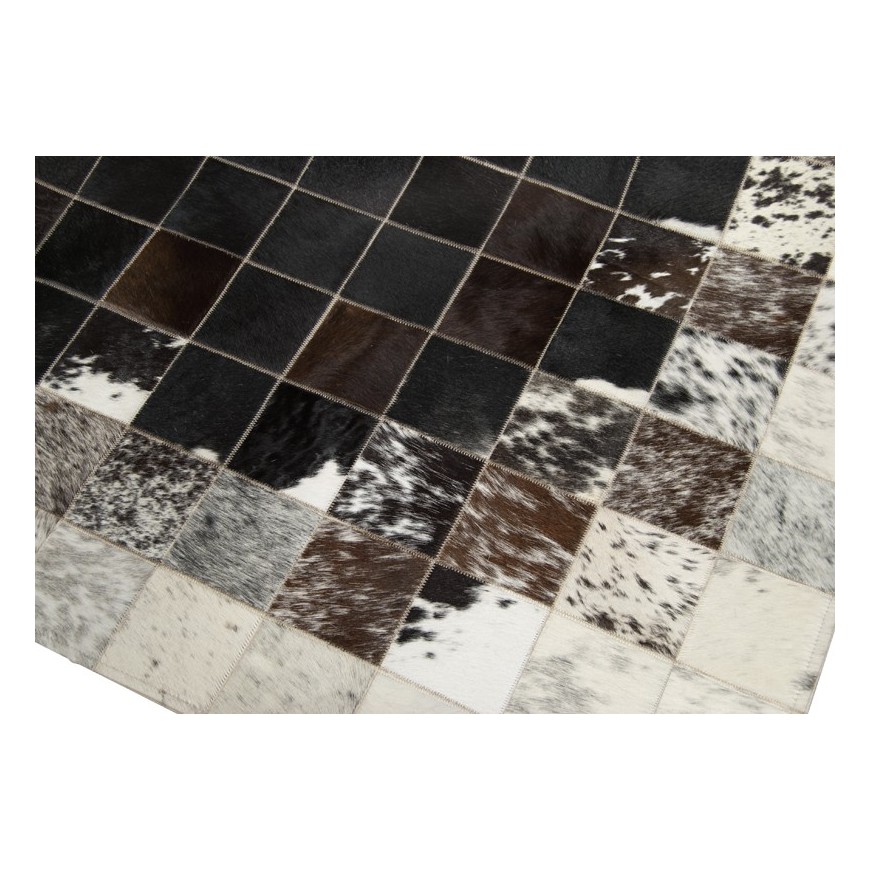 Patchwork-Kuhfellteppich K-1783 Mosaik Schwarz-Braun-Weiß