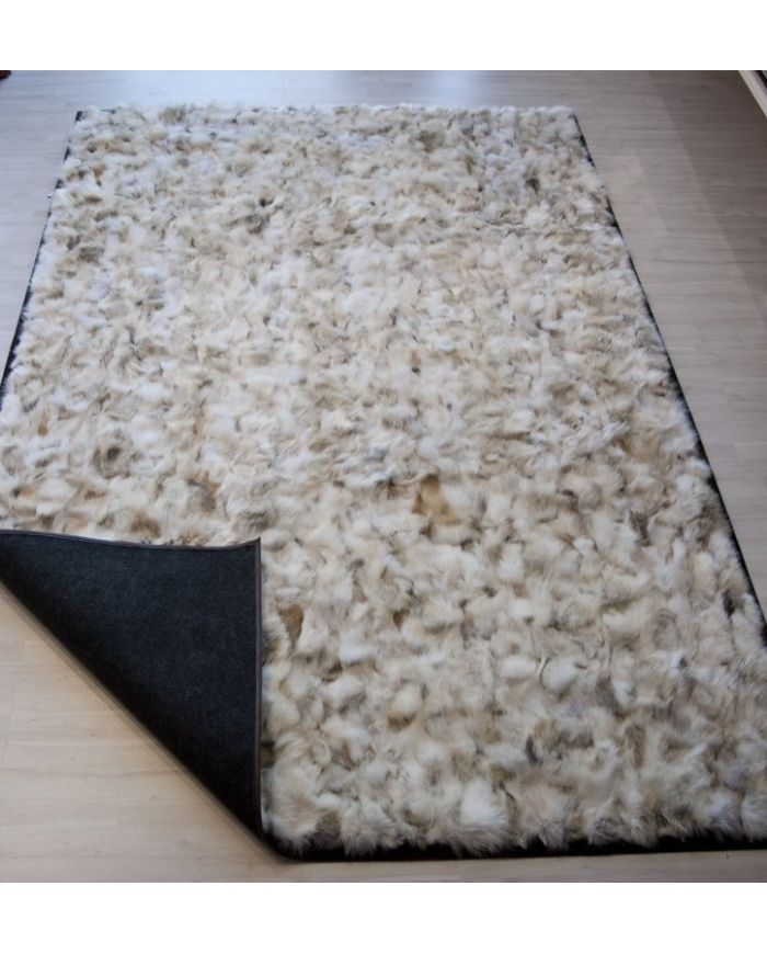 Real Fur rug wolf light beige white frame cognac pony k-1118