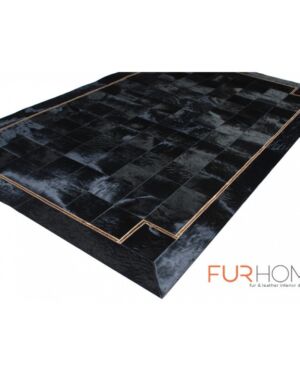 Black modern leather rug with gold stripe k-125