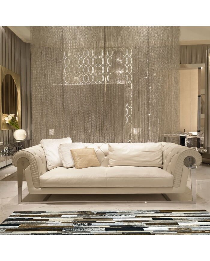 Leather Carpet Striped grey ivory brown rug K-141