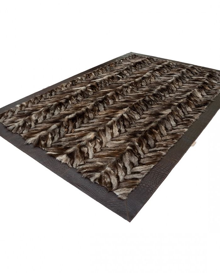 Genuine Fox Fur Rug Crystal with Dark Brown Leather edging - Cevron Design k-1122