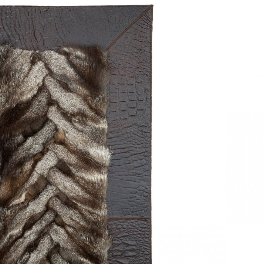 Genuine Fox Fur Rug Crystal with Dark Brown Leather edging - Cevron Design k-1122