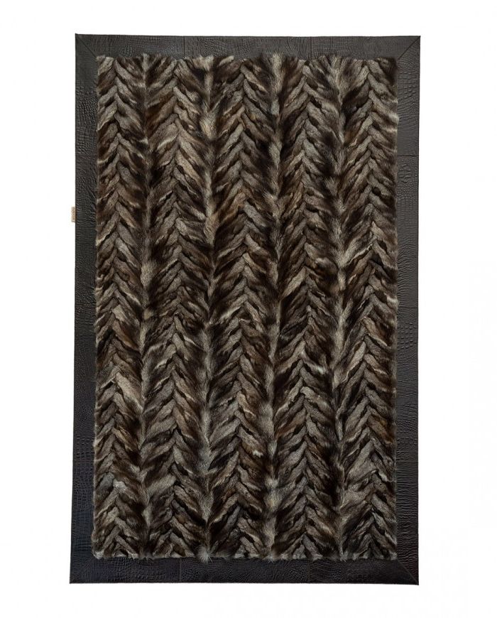 Genuine Fox Fur Rug Crystal with Dark Brown Leather edging - Cevron Design k-1122